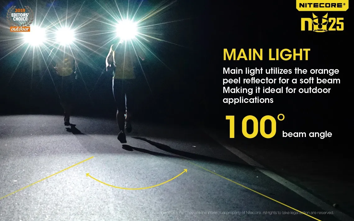 Nitecore NU25 Multi-light 360 lumen lightweight rechargeable LED headlamp's main light with a 100° beam angle while running.