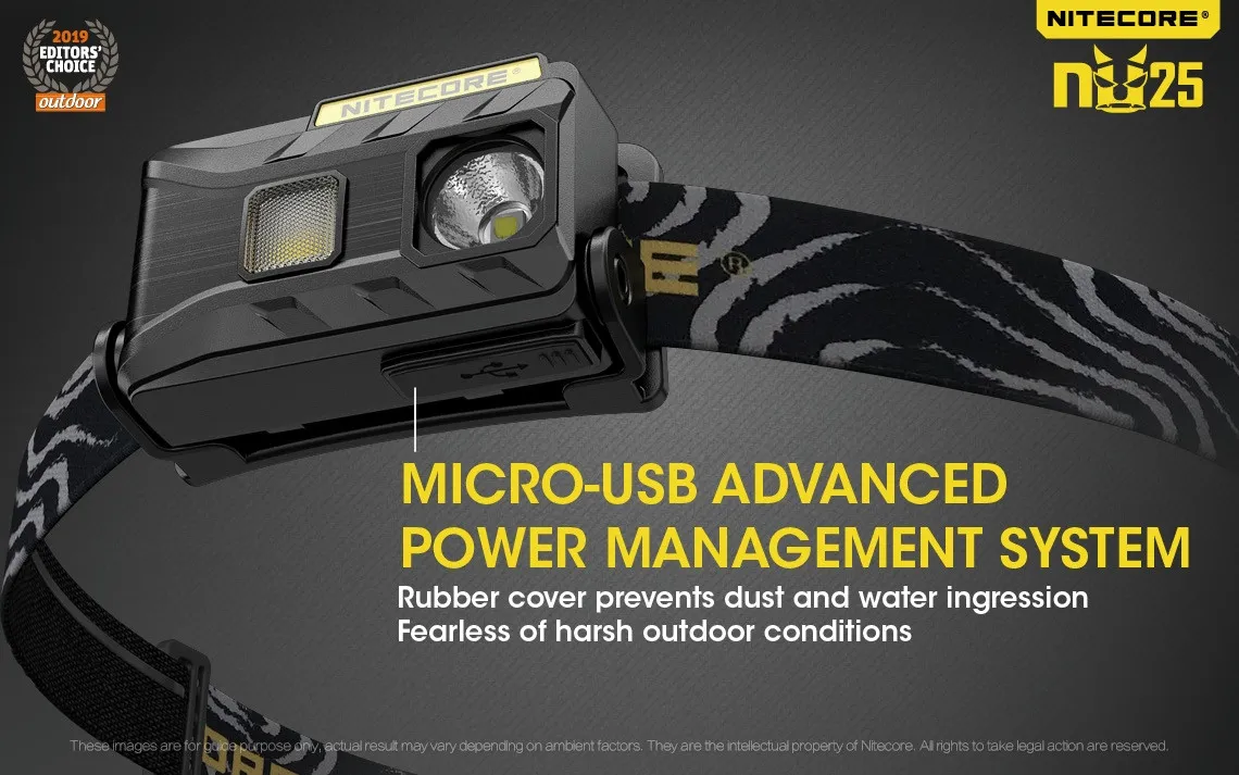 Nitecore NU25 Multi-light 360 lumen lightweight rechargeable LED headlamp's micro-USB charging port with rubber cover.