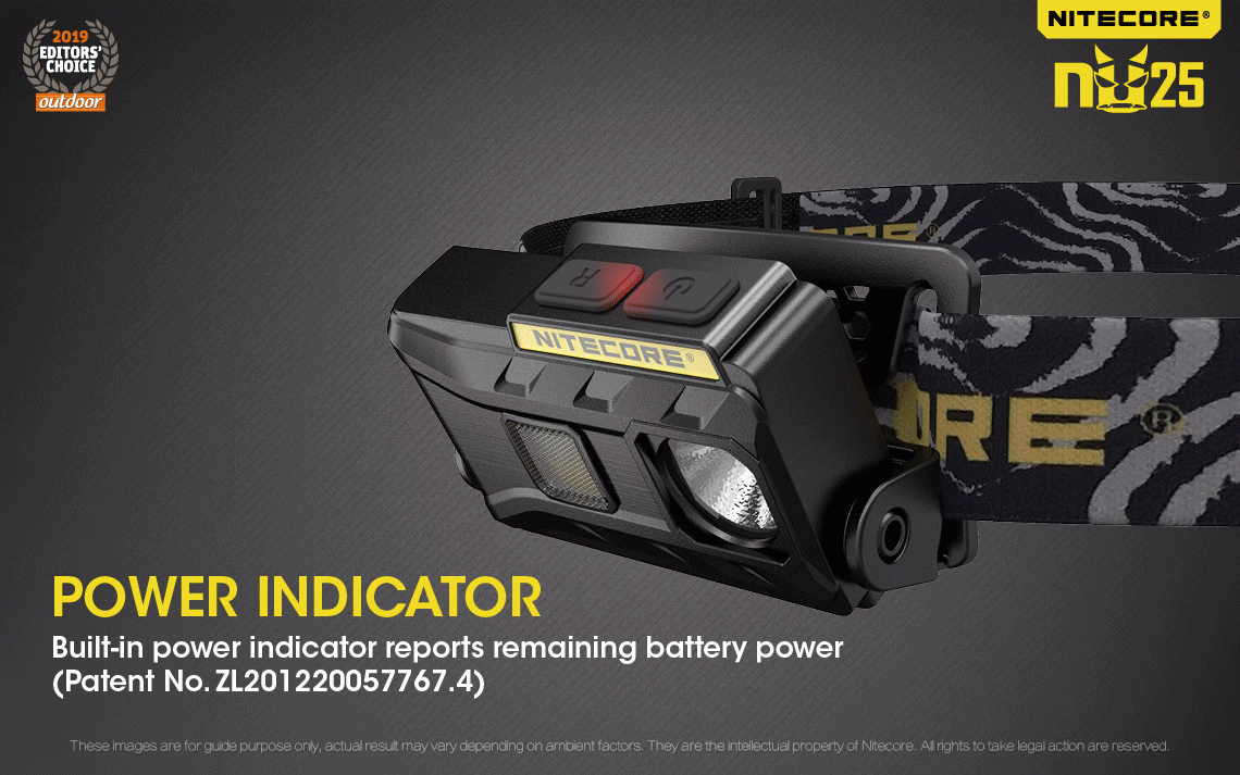 Nitecore NU25 Multi-light 360 lumen lightweight rechargeable LED headlamp with built-in power indicator lights.
