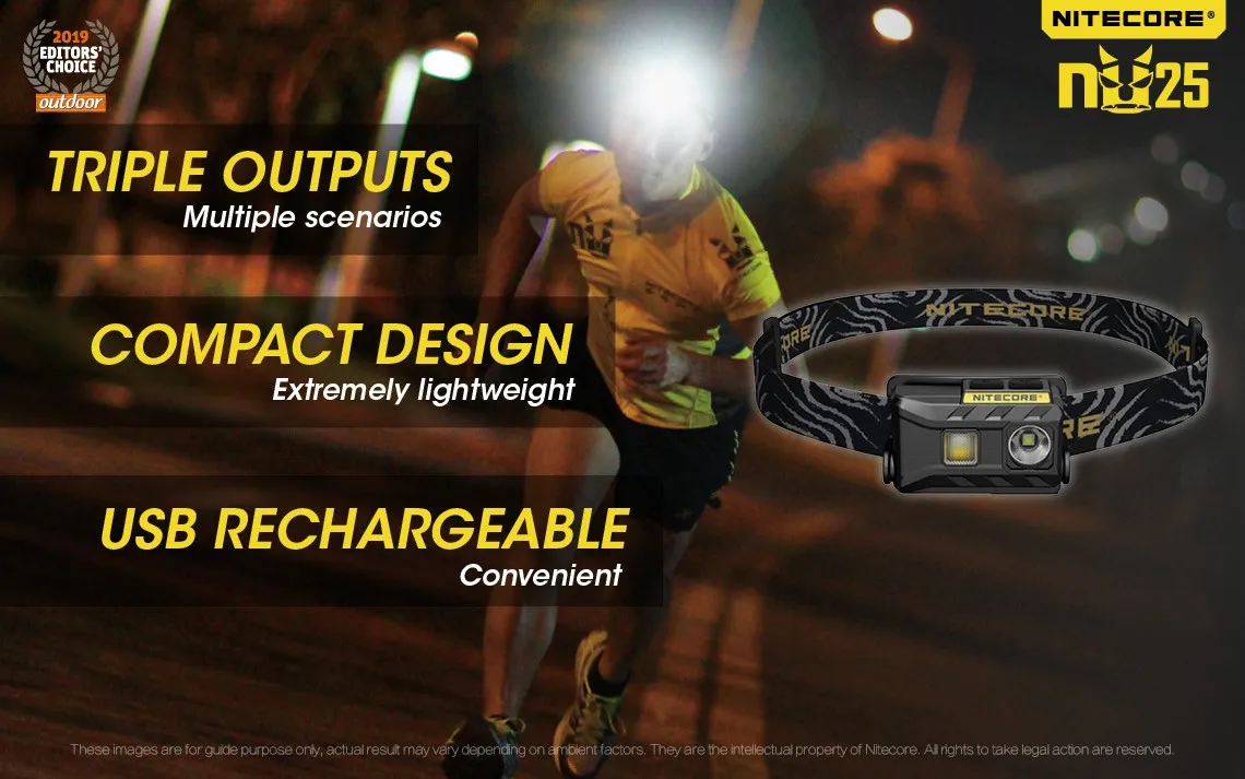 Nitecore NU25 Multi-light 360 lumen lightweight rechargeable LED headlamp worn by a runner at night, highlighting features.