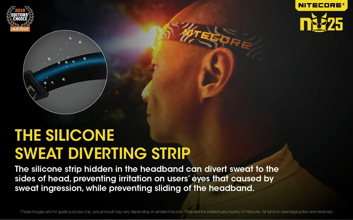 Nitecore NU25 Multi-light 360 lumen lightweight rechargeable LED headlamp with silicone sweat diverting strip on headband.