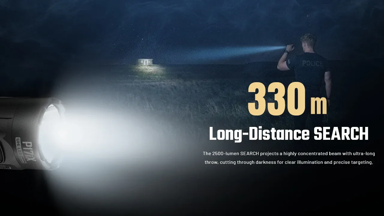 Nitecore P17iX - 330m Tactical LED Torch with Spotlight and Floodlight illuminating 330m for long-distance search.