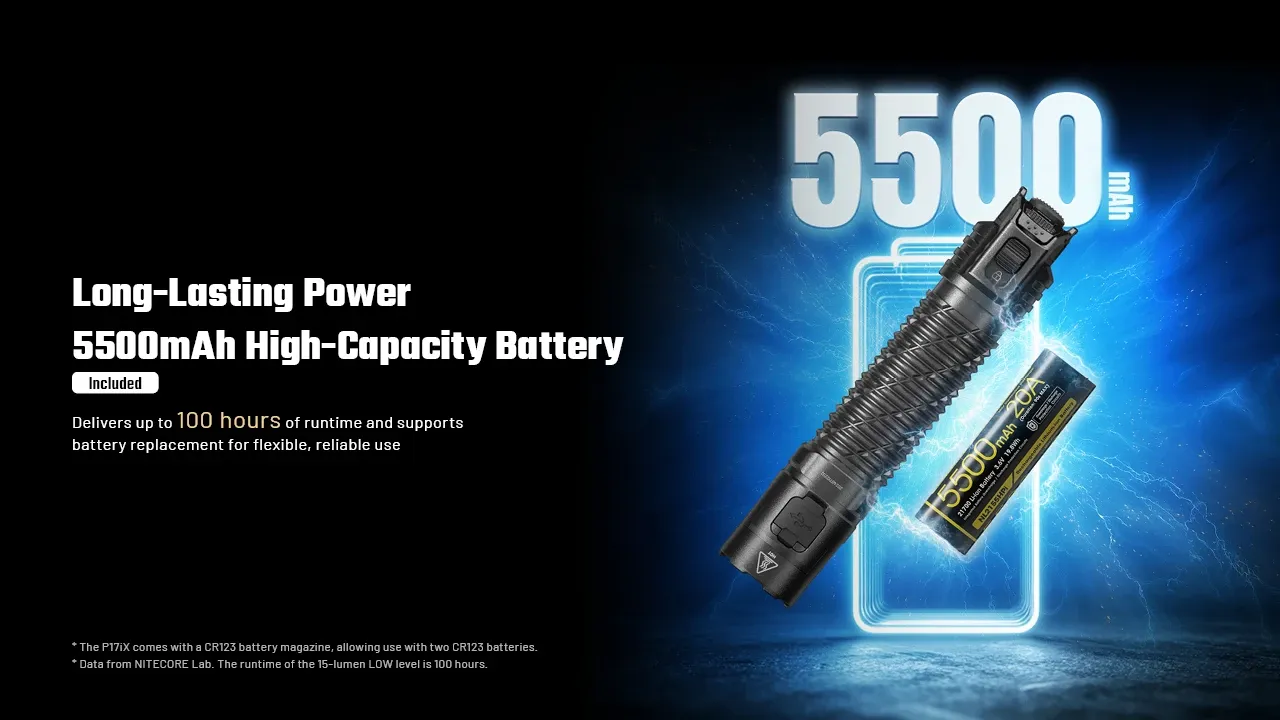 Nitecore P17iX - 330m Tactical LED Torch with Spotlight and Floodlight and its 5500mAh high-capacity battery.