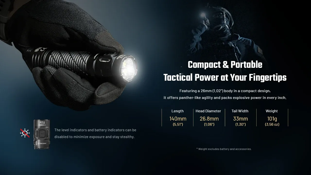 Hand holding the Nitecore P17iX - 330m Tactical LED Torch with Spotlight and Floodlight, highlighting its compact size and dimensions.