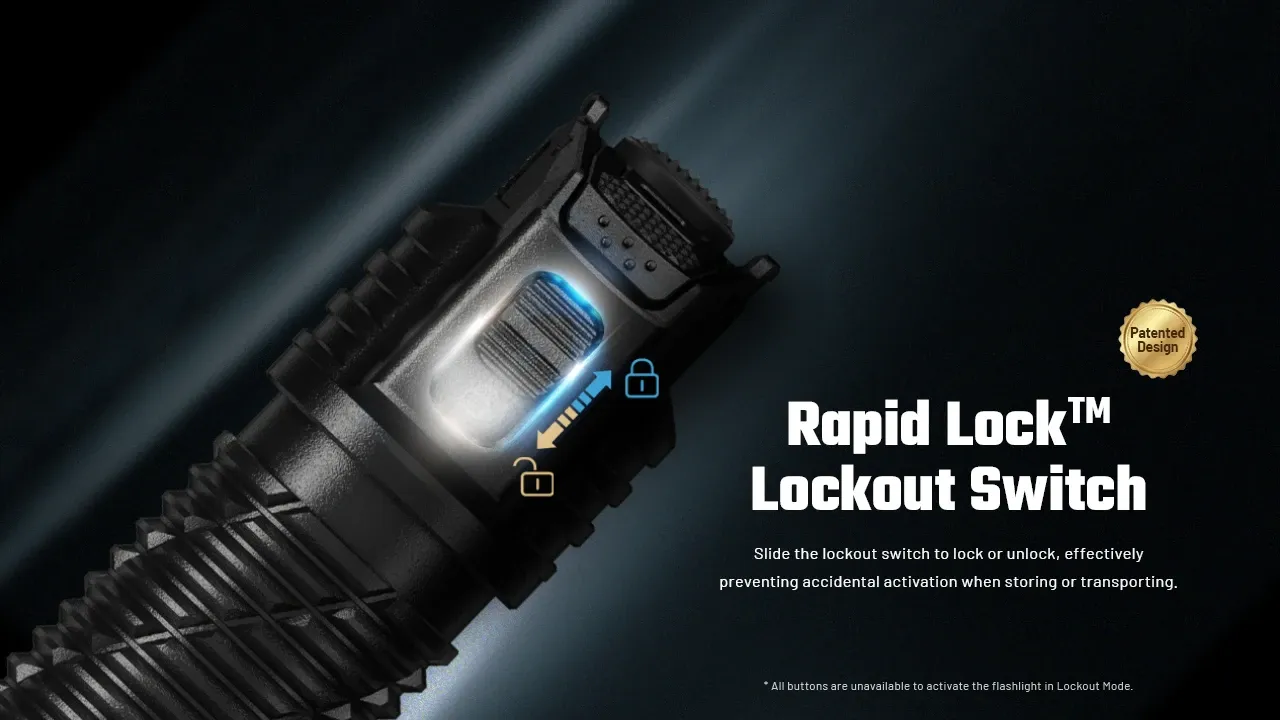 Close-up of the Rapid Lock™ Lockout Switch on the Nitecore P17iX - 330m Tactical LED Torch with Spotlight and Floodlight.