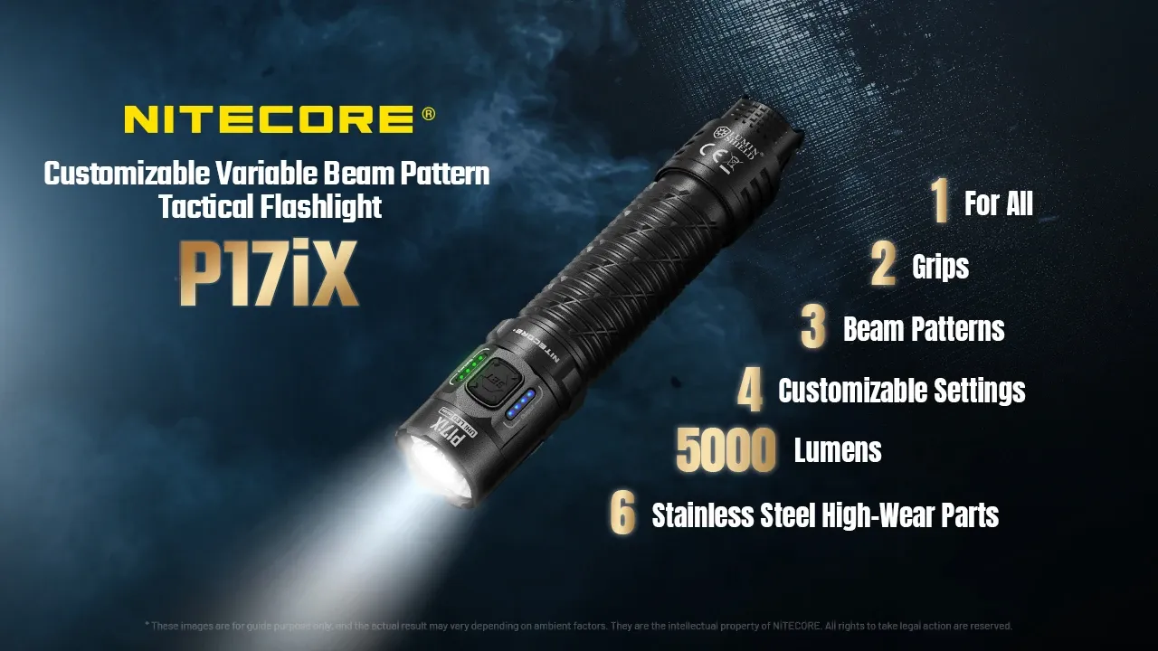 Nitecore P17iX - 330m Tactical LED Torch with Spotlight and Floodlight showcasing its customizable beam and 5000 lumens.
