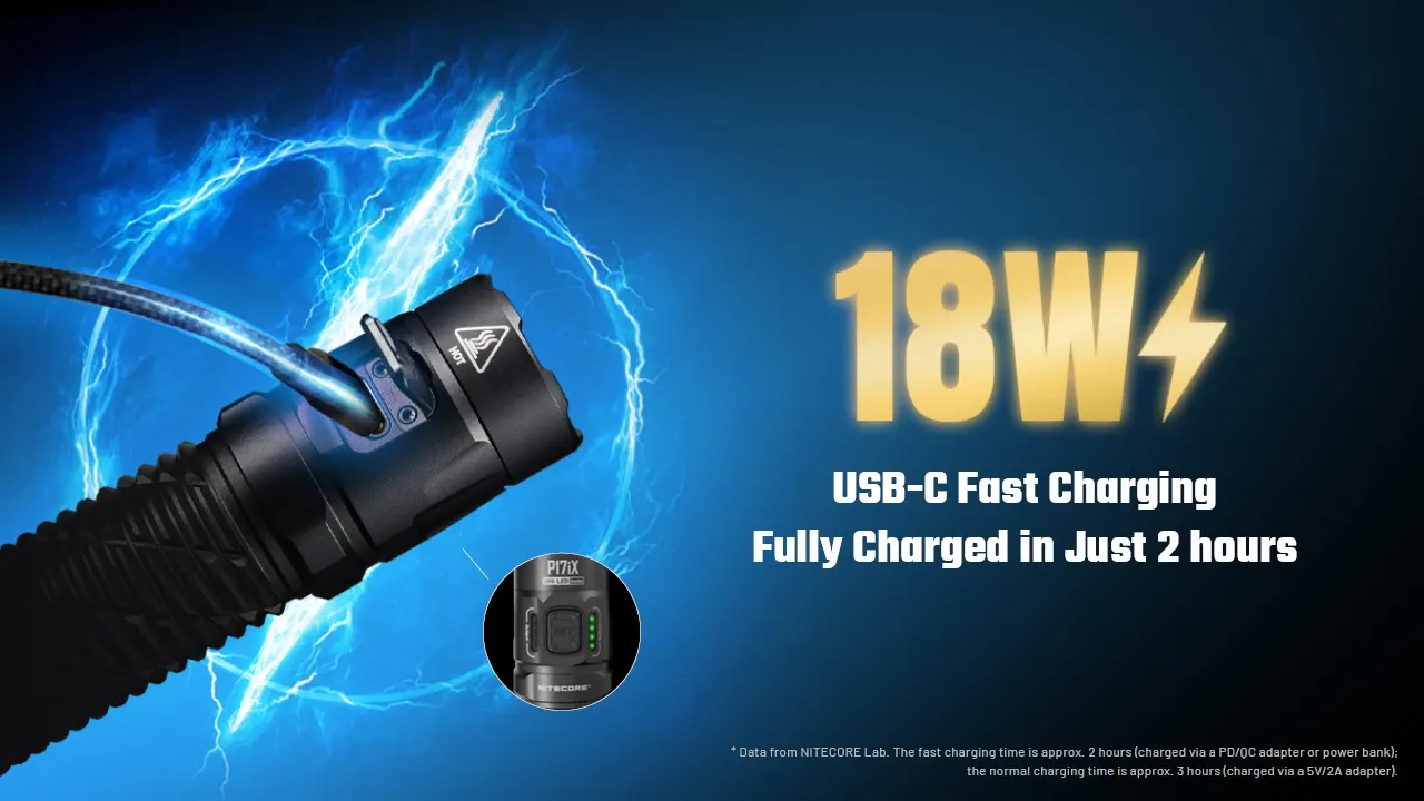 Nitecore P17iX - 330m Tactical LED Torch with Spotlight and Floodlight charging with 18W USB-C fast charging.