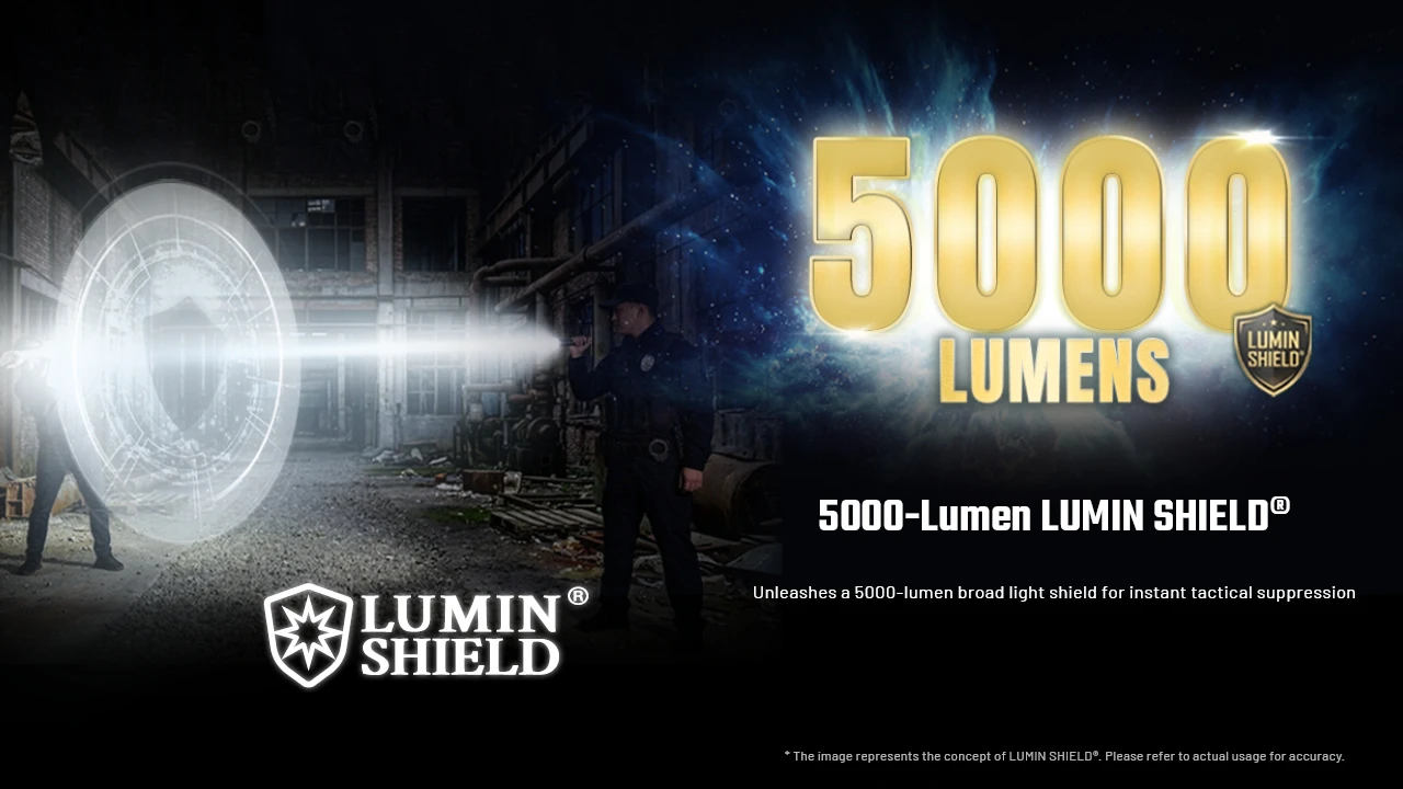 Nitecore P27ix flashlight demonstrating the 5000-lumen LUMIN SHIELD® for instant tactical suppression.