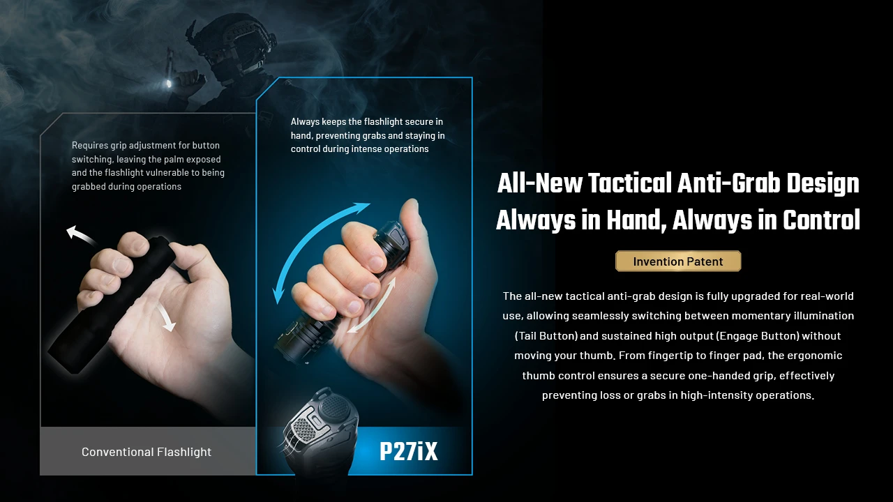 Nitecore P27ix's anti-grab design compared to a conventional flashlight, showing secure one-handed grip.
