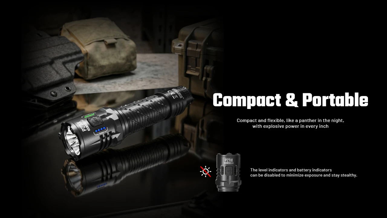 Nitecore P27ix flashlight with tactical gear, highlighting its compact and portable design, with disableable indicators.