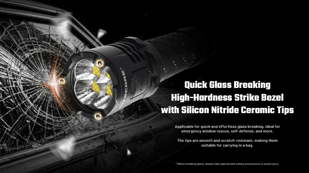 Nitecore P27ix flashlight breaking glass with its high-hardness strike bezel and silicon nitride ceramic tips.