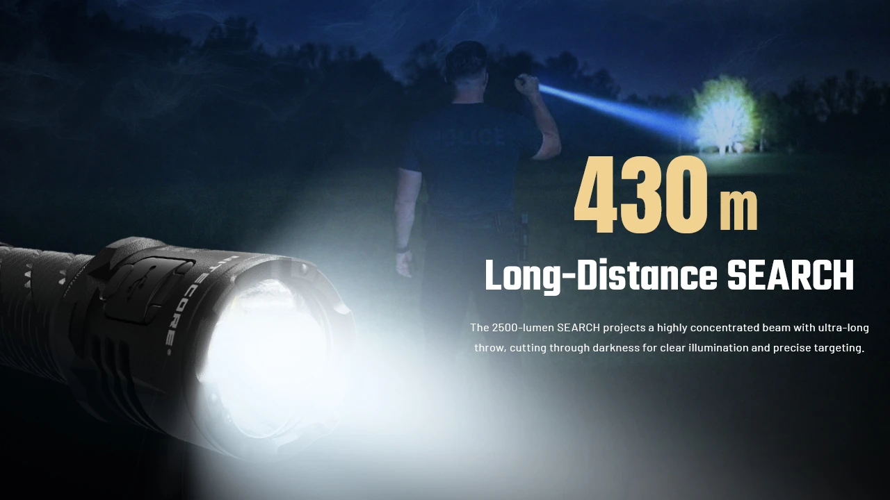 Nitecore P27ix flashlight used for long-distance search, projecting a powerful beam 430 meters.