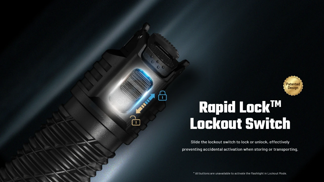 Close-up of Nitecore P27ix's Rapid Lock™ lockout switch, preventing accidental activation during storage or transport.