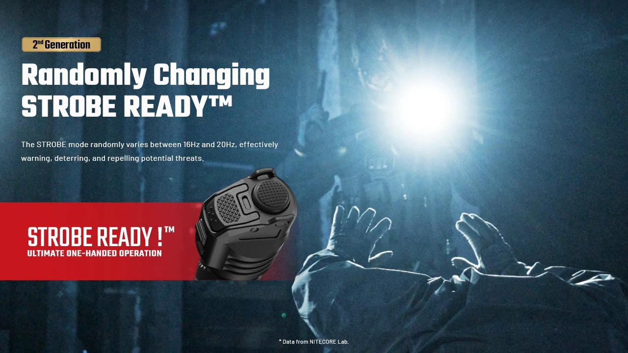 Nitecore P27ix demonstrating the 2nd Generation Randomly Changing STROBE READY™ for warning and deterring threats.