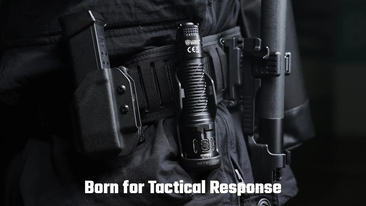 Nitecore P27ix flashlight attached to a tactical belt with a holster, ready for tactical response.