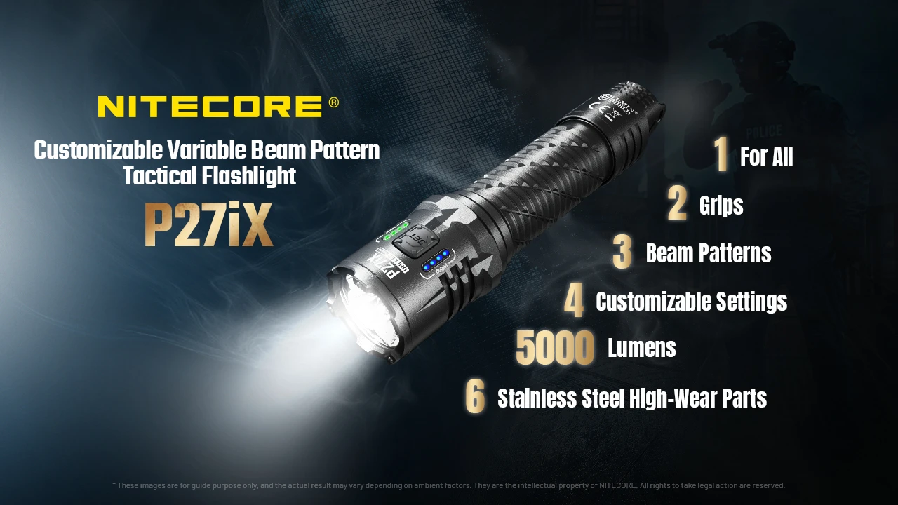 Nitecore P27ix customizable variable beam pattern tactical flashlight with key features like 5000 lumens.