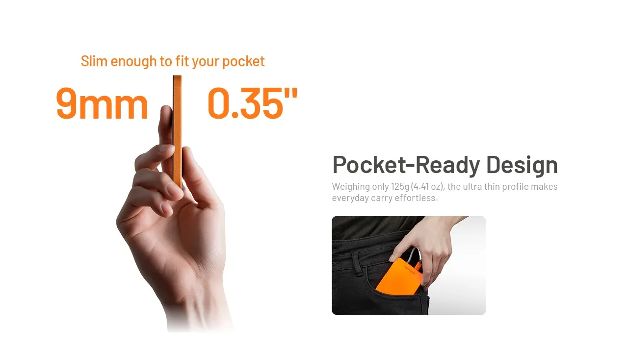 Nitecore Pocket5's 9mm ultra-thin profile shown in hand and fitting into a pocket, highlighting its portability.
