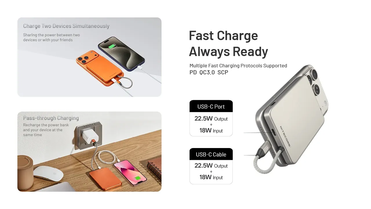 Nitecore Pocket5 demonstrating fast charge, simultaneous charging of two devices, and pass-through charging capabilities.