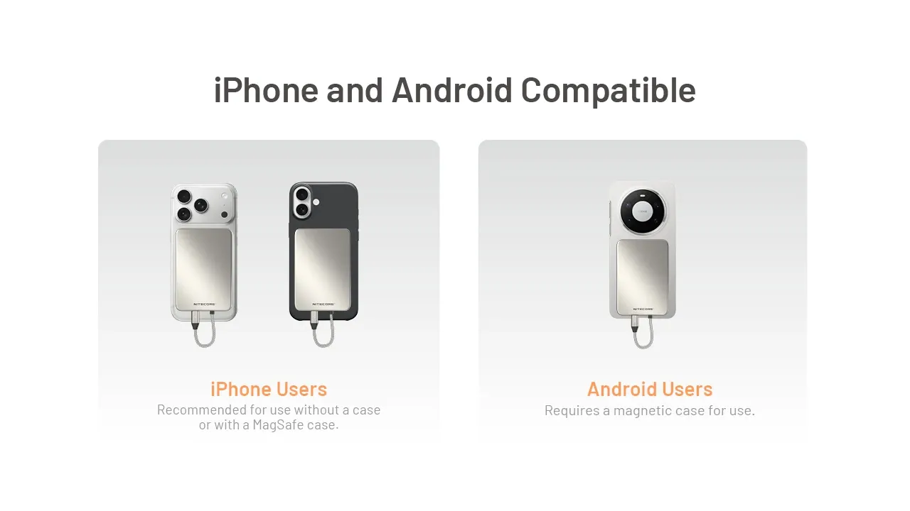 Nitecore Pocket5 shown compatible with both iPhone and Android devices, highlighting magnetic attachment.