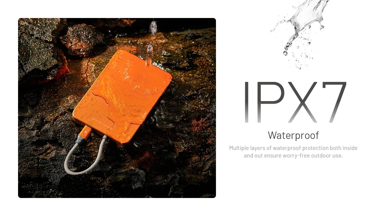 Nitecore Pocket5 in orange, being splashed with water, demonstrating its IPX7 waterproof rating for outdoor use.