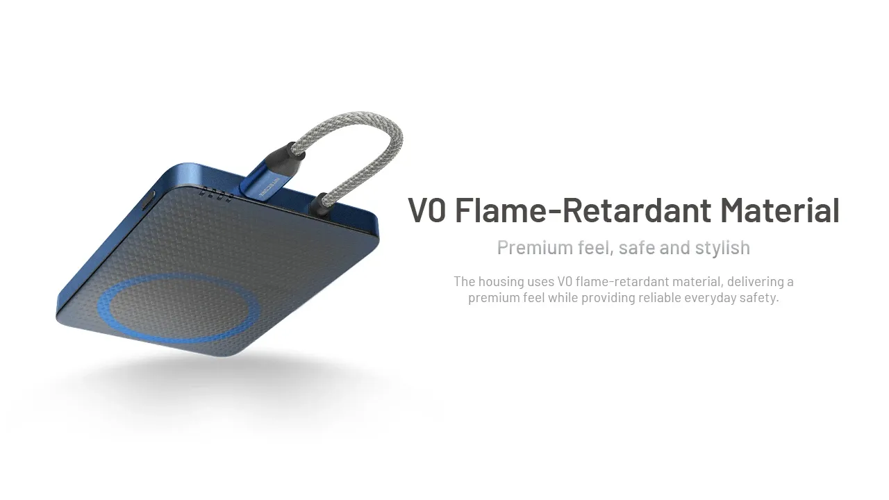 Blue Nitecore Pocket5 showcasing its V0 flame-retardant material for safety and premium feel.