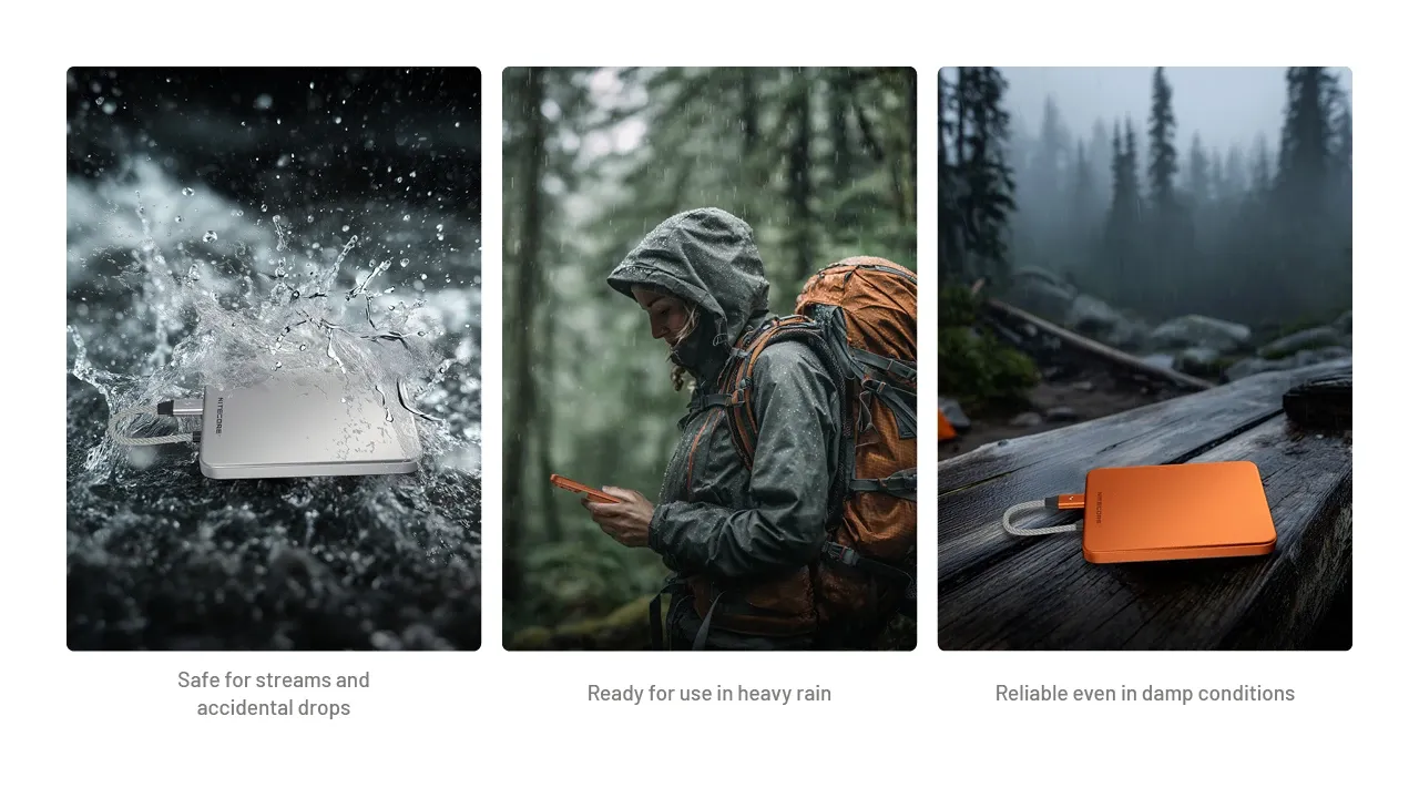 Nitecore Pocket5 shown in three outdoor scenarios: water splash, heavy rain, and damp conditions, highlighting durability.