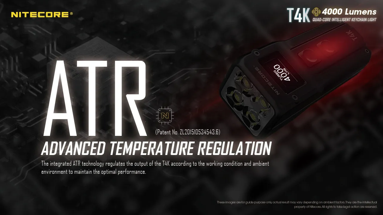 Nitecore T4K powerful 4000 lumen USB-C rechargeable keychain light featuring Advanced Temperature Regulation (ATR).