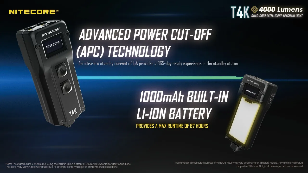 Nitecore T4K powerful 4000 lumen USB-C rechargeable keychain light with 1000mAh battery and APC technology.