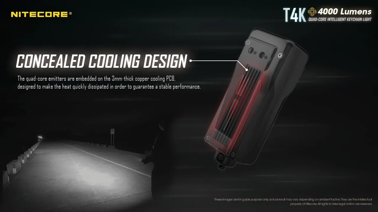 Nitecore T4K powerful 4000 lumen USB-C rechargeable keychain light with concealed cooling design highlighted.