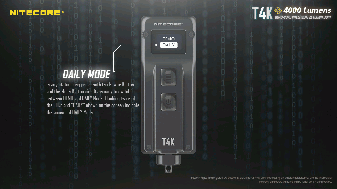 Nitecore T4K powerful 4000 lumen USB-C rechargeable keychain light displaying "DAILY MODE" on its screen.