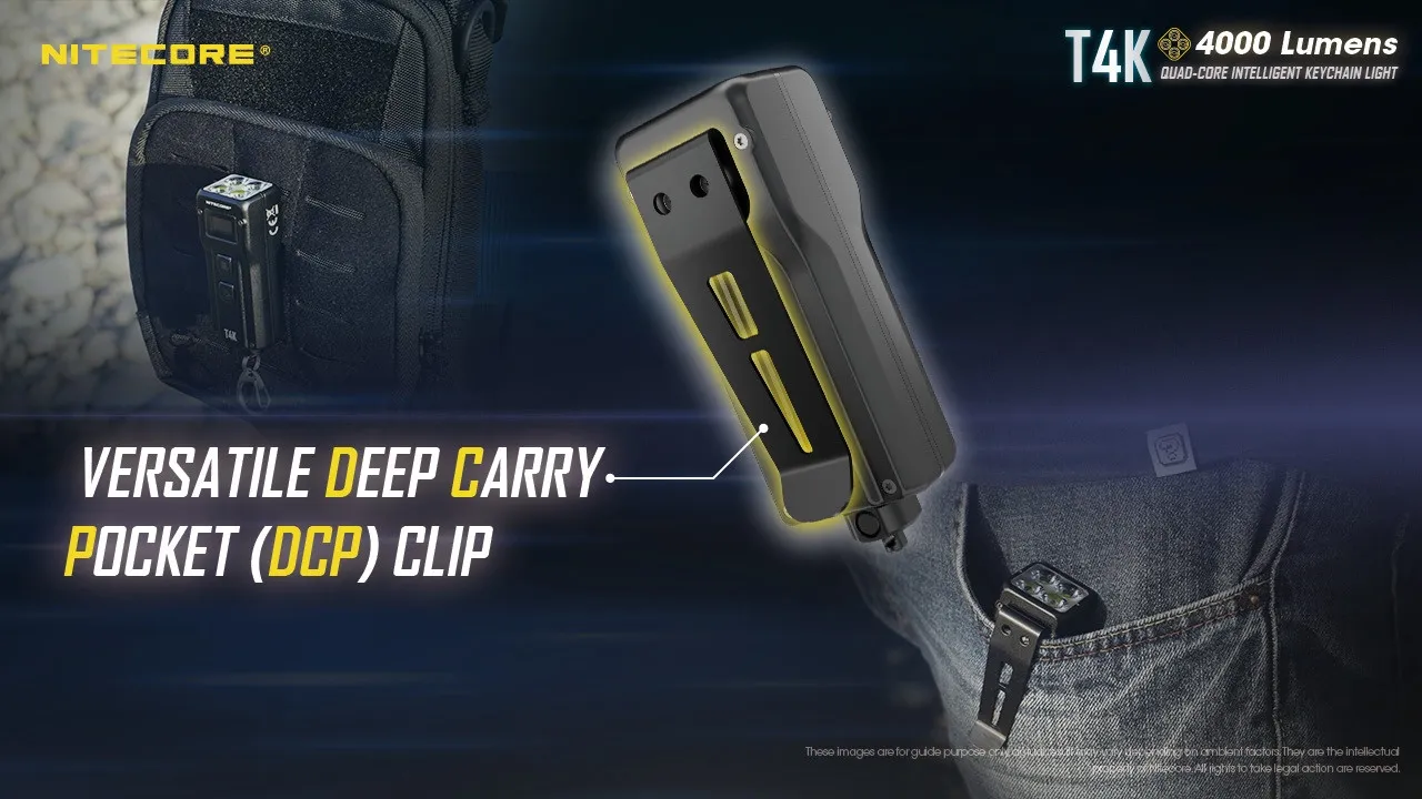Nitecore T4K powerful 4000 lumen USB-C rechargeable keychain light with versatile deep carry pocket clip.