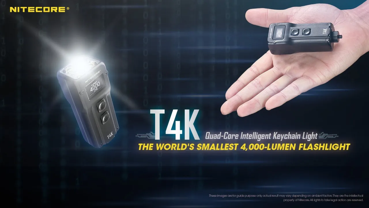 Nitecore T4K powerful 4000 lumen USB-C rechargeable keychain light glowing brightly and held in a hand.