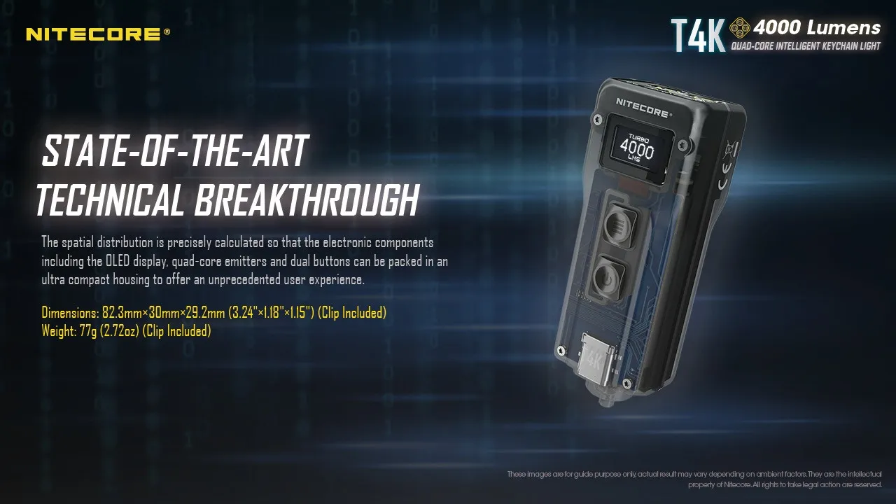 Nitecore T4K powerful 4000 lumen USB-C rechargeable keychain light showing internal components and dimensions.