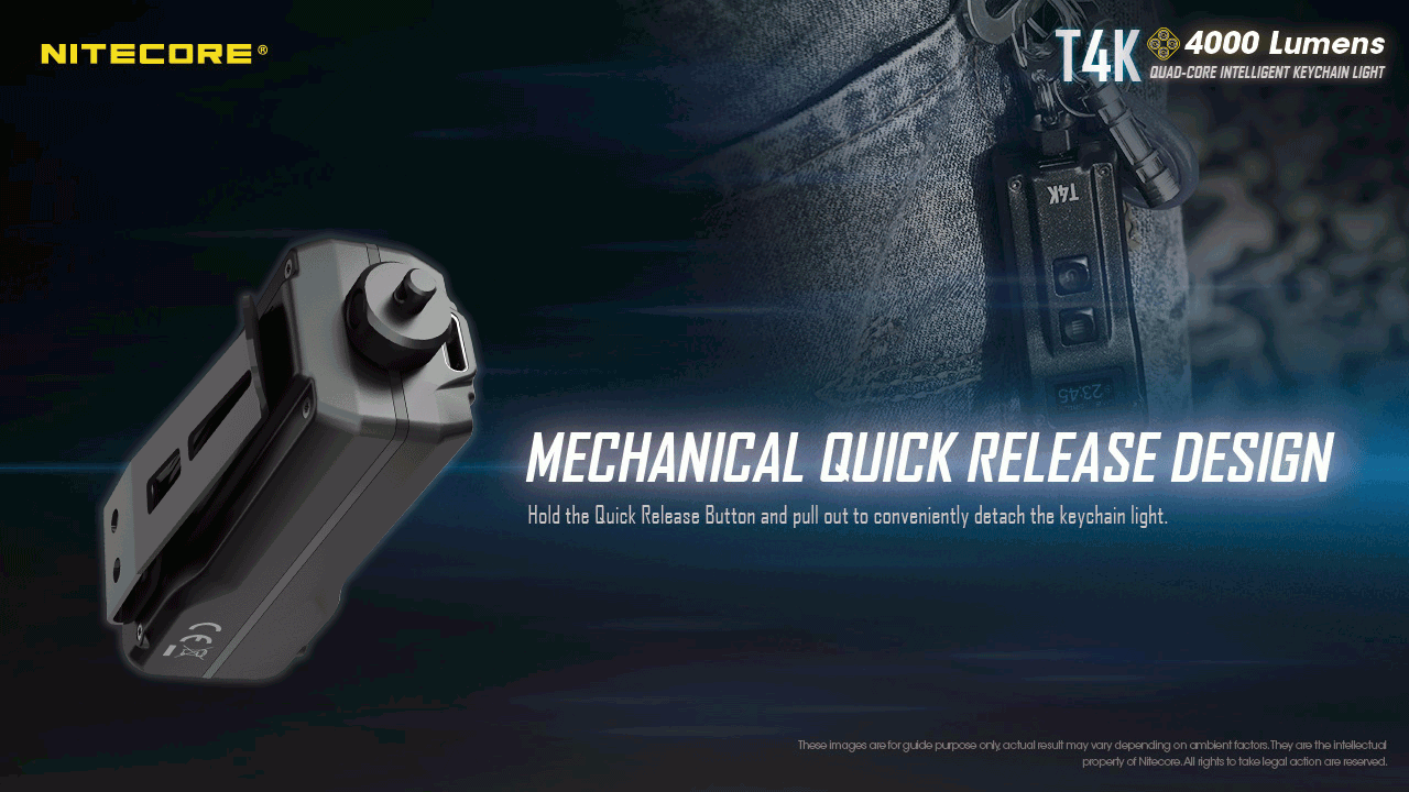Nitecore T4K powerful 4000 lumen USB-C rechargeable keychain light showing its mechanical quick release design.