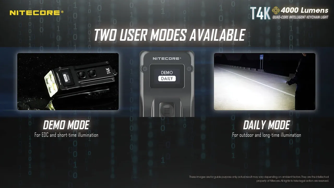 Nitecore T4K powerful 4000 lumen USB-C rechargeable keychain light demonstrating demo and daily user modes.