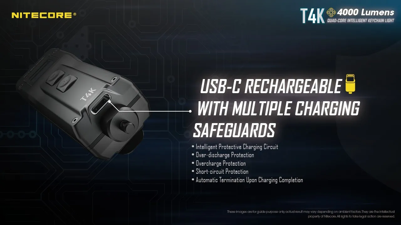 Nitecore T4K powerful 4000 lumen USB-C rechargeable keychain light with multiple charging safeguards.