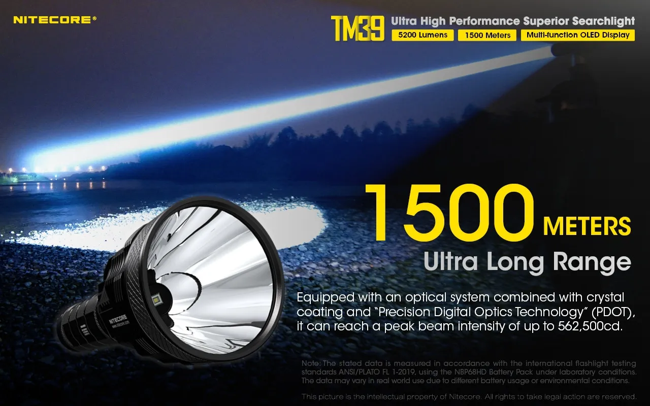 Nitecore TM39 ultra high performance 5200 lumen 1500m rechargeable searchlight projecting a 1500m ultra-long-range beam.
