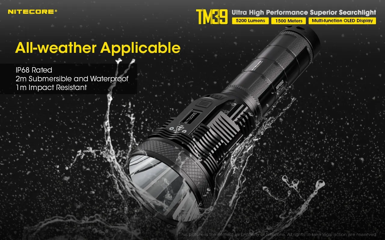 Nitecore TM39 ultra high performance 5200 lumen 1500m rechargeable searchlight demonstrating all-weather IP68 rating.
