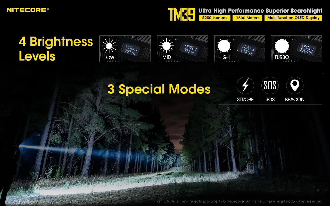 Nitecore TM39 ultra high performance 5200 lumen 1500m rechargeable searchlight demonstrating brightness and special modes.