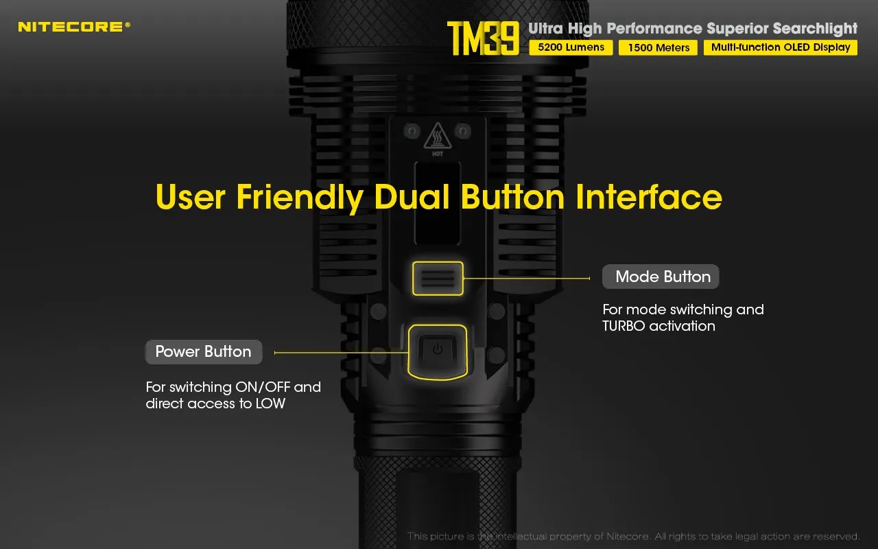 Close-up of the Nitecore TM39 ultra high performance 5200 lumen 1500m rechargeable searchlight's dual button interface.