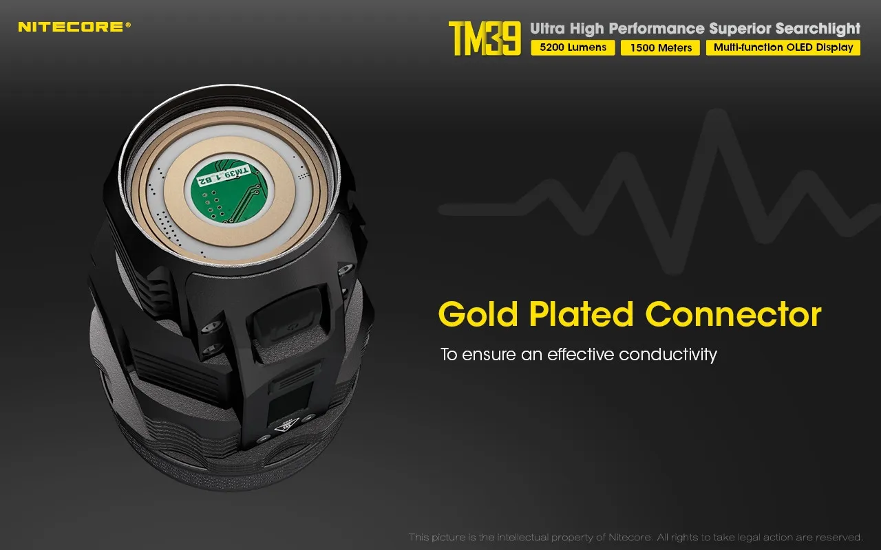 Close-up of the gold-plated connector on the Nitecore TM39 ultra high performance 5200 lumen 1500m rechargeable searchlight.