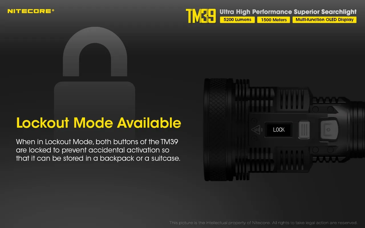 Nitecore TM39 ultra high performance 5200 lumen 1500m rechargeable searchlight showing lockout mode.