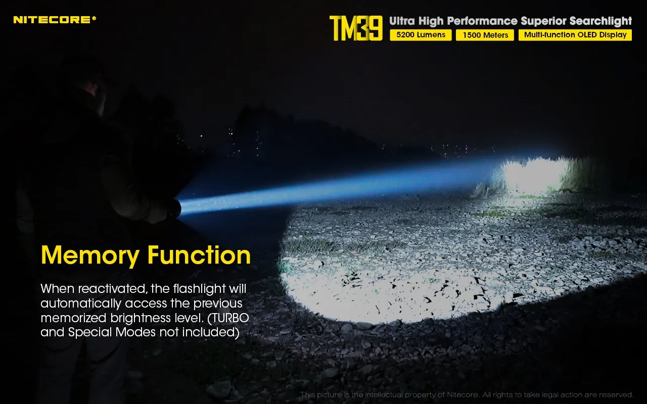 Nitecore TM39 ultra high performance 5200 lumen 1500m rechargeable searchlight in use, demonstrating memory function.