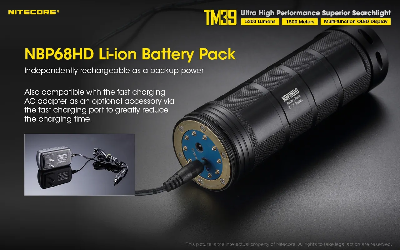 NBP68HD Li-ion battery pack for Nitecore TM39 ultra high performance 5200 lumen 1500m rechargeable searchlight.