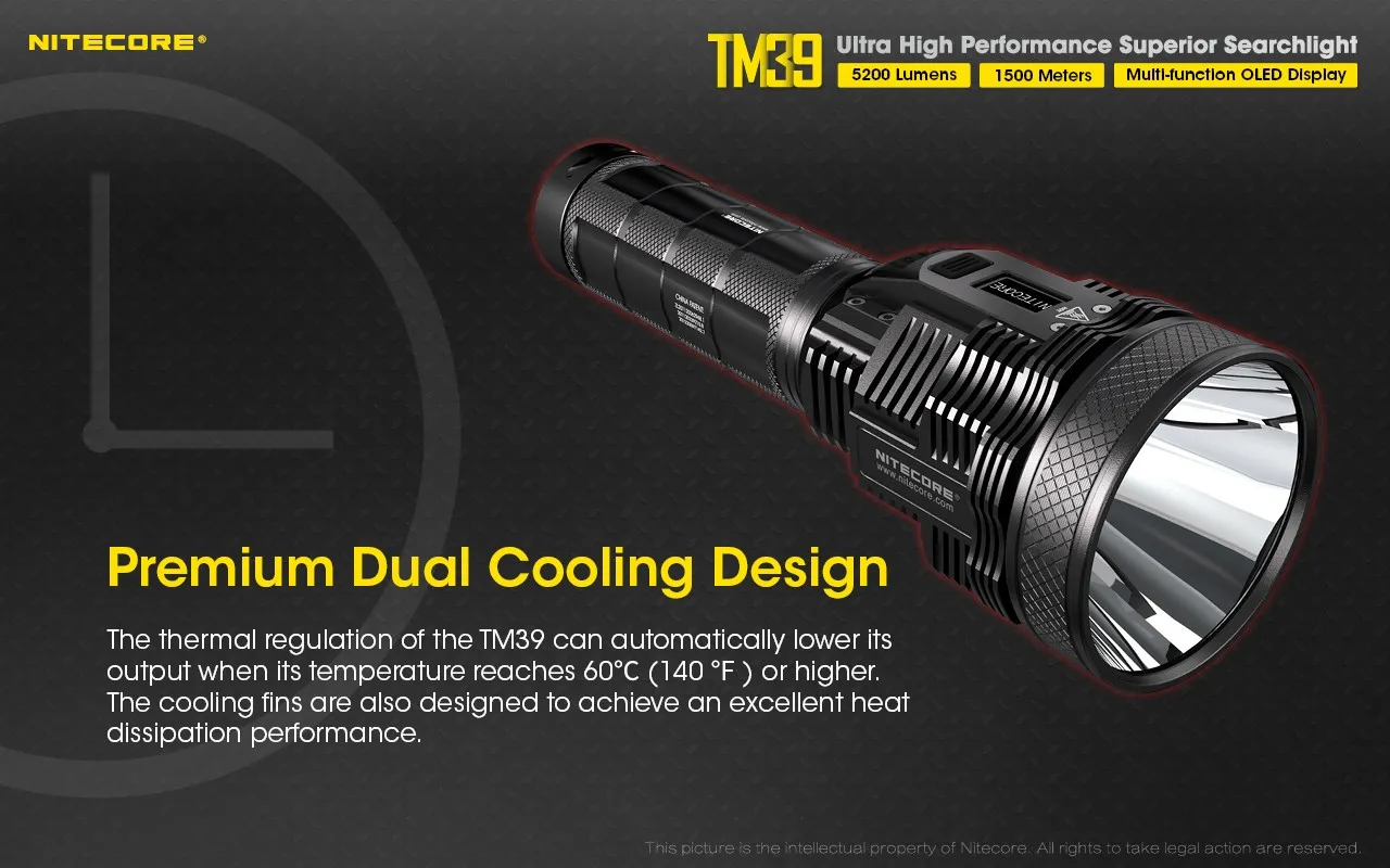 Nitecore TM39 ultra high performance 5200 lumen 1500m rechargeable searchlight showcasing its premium dual cooling design.