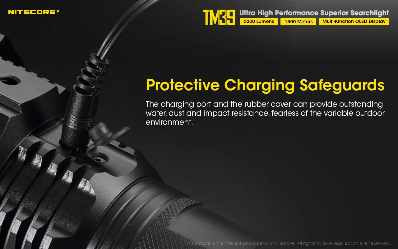 Nitecore TM39 ultra high performance 5200 lumen 1500m rechargeable searchlight showing protective charging safeguards.