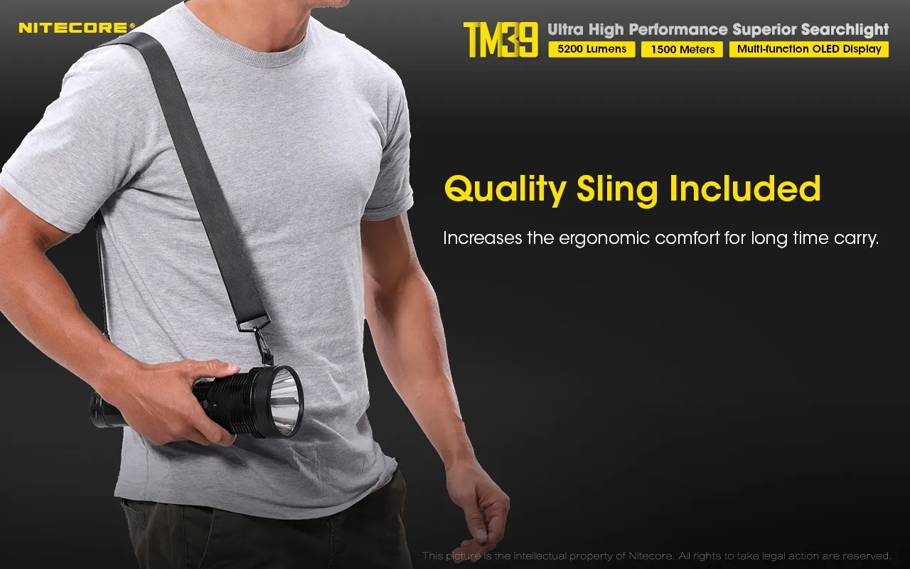 Person carrying the Nitecore TM39 ultra high performance 5200 lumen 1500m rechargeable searchlight with its quality sling.