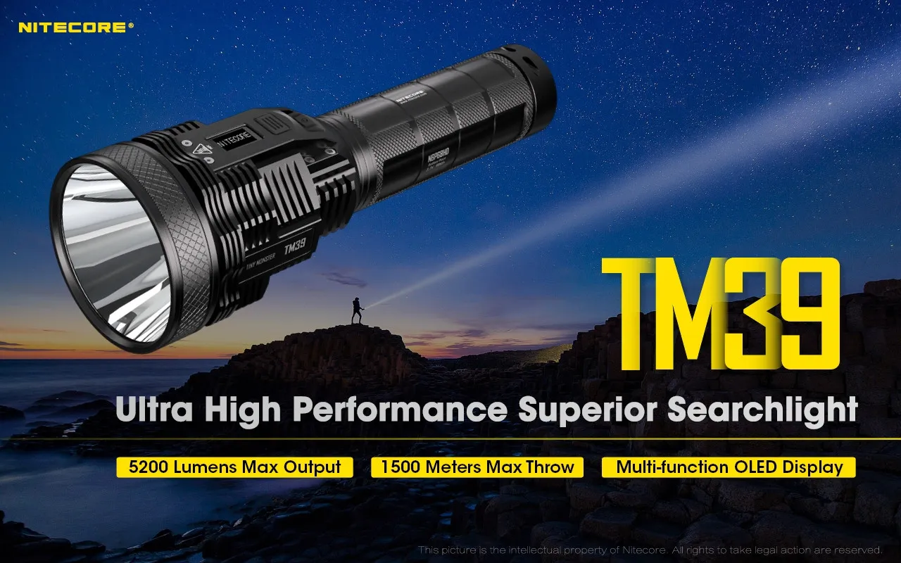 Nitecore TM39 ultra high performance 5200 lumen 1500m rechargeable searchlight illuminating a distant figure under a starry sky.