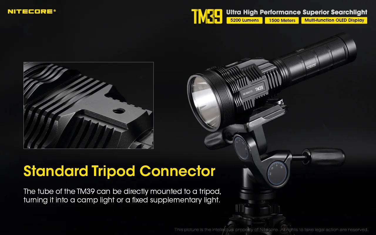 Nitecore TM39 ultra high performance 5200 lumen 1500m rechargeable searchlight mounted on a tripod.