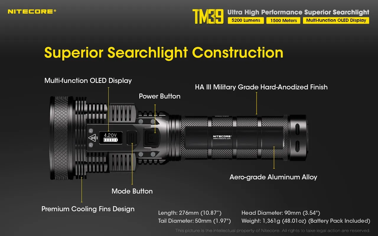 Diagram of the Nitecore TM39 ultra high performance 5200 lumen 1500m rechargeable searchlight construction and features.